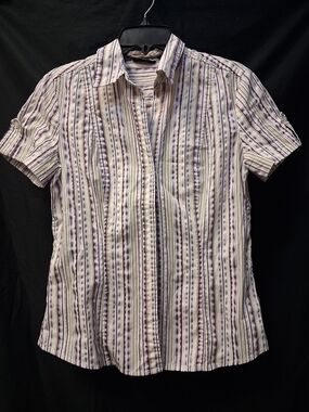 New York & Company Ivory and Purple Striped Short-Sleeve Button-Down Shirt